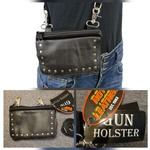 Black Leather Multi Pocket Belt Bag With Gun Holster